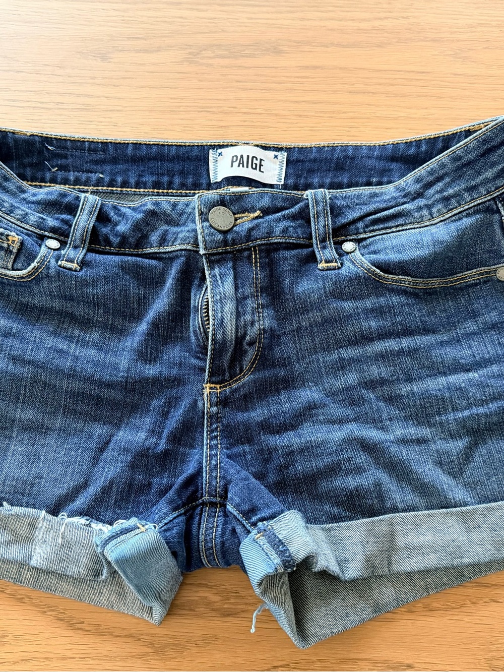 PAIGE Dark Blue Cuffed Denim Shorts